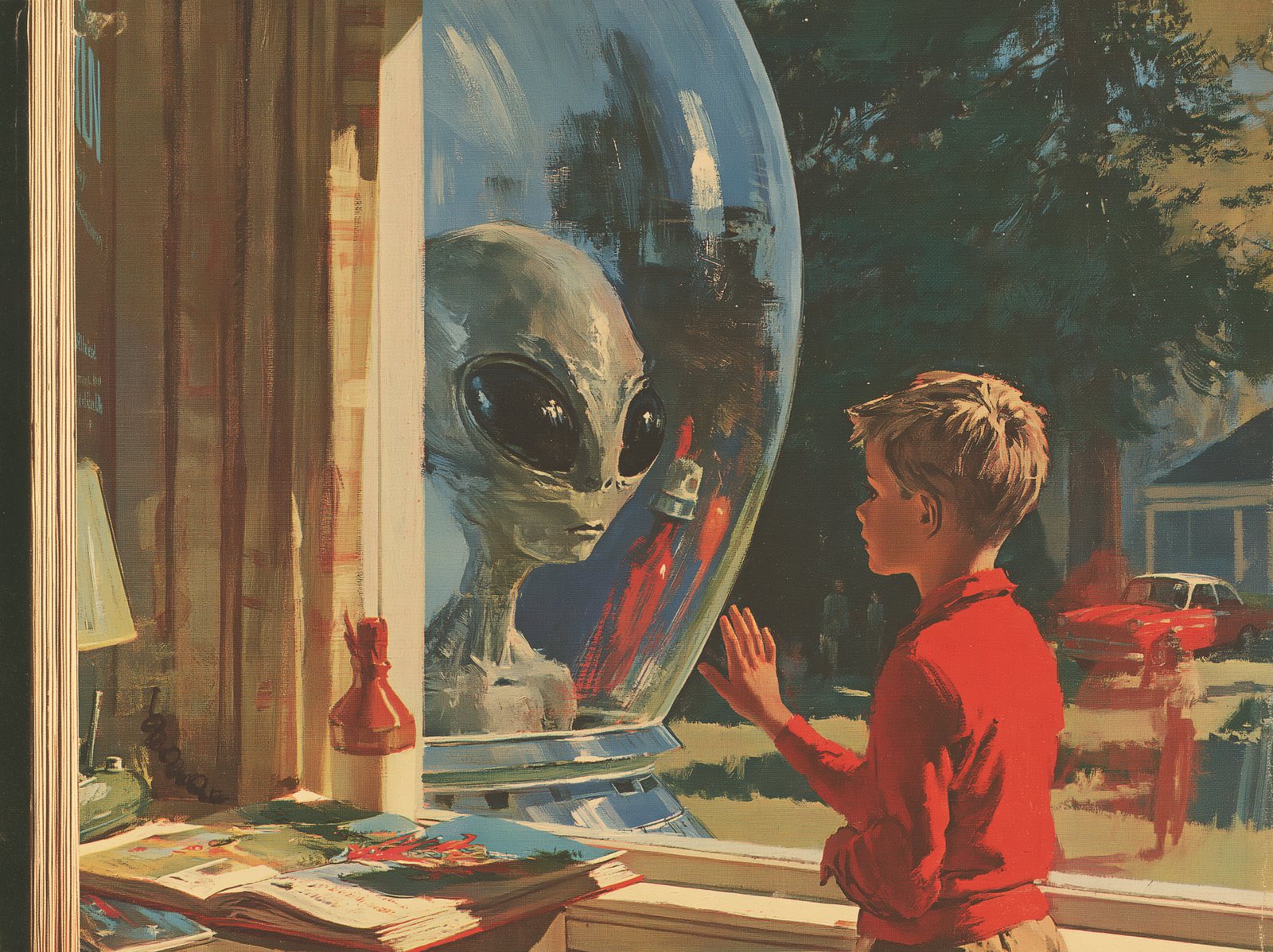 A grey being at a window meeting a child on an ordinary afternoon
