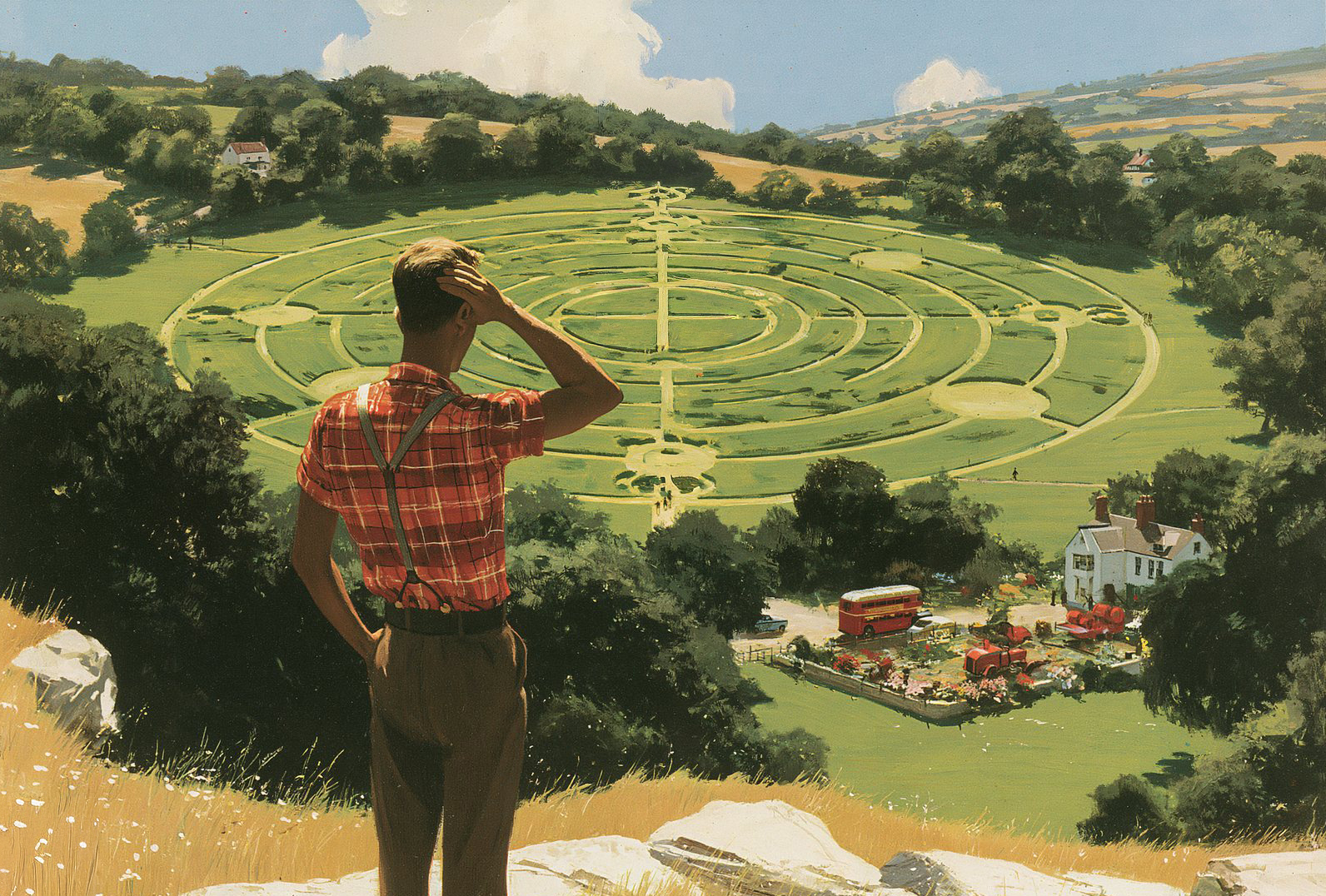 A vast ring formation pressed into a field, seen from a hillside