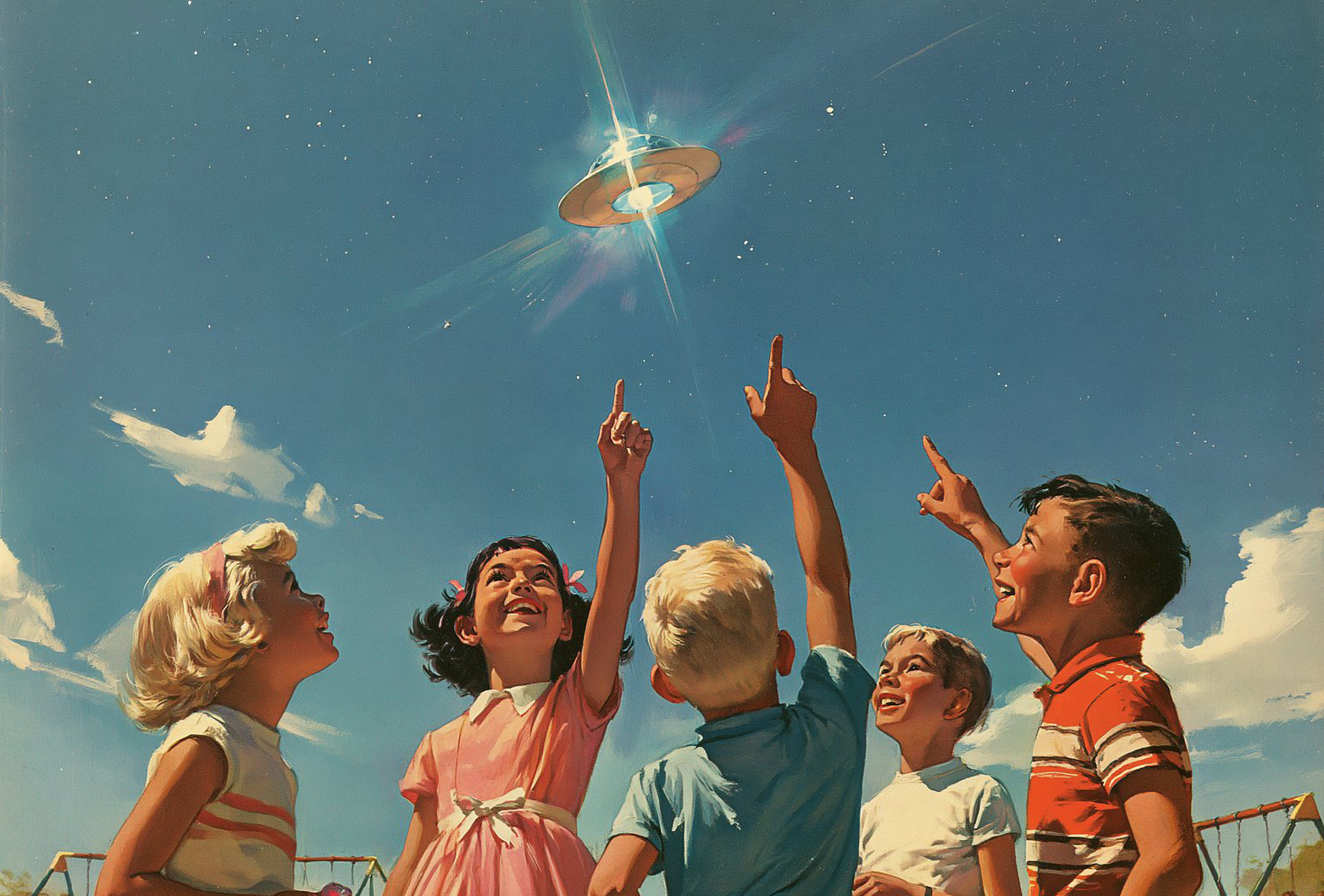 Citizens observing a craft over a playground in daylight